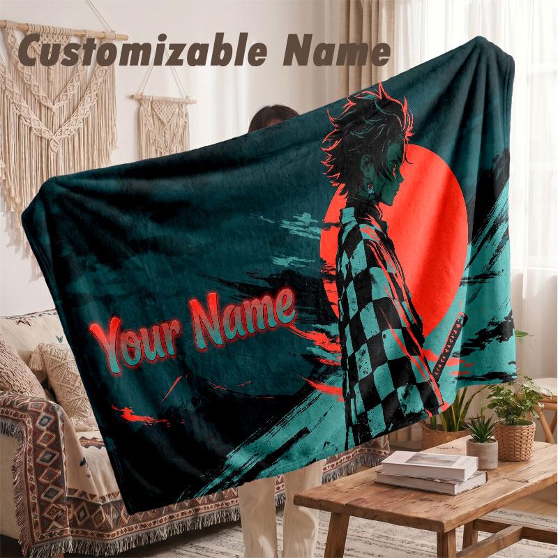 Custom Name Flannel Blanket,Demon Slayer Lightweight Warm Bed Blanket For Couch & Holiday Gift