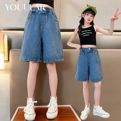 Nuevos pantalones cortos de mezclilla de verano para niñas, pantalones de longitud media para niños, pantalones finos de pierna ancha