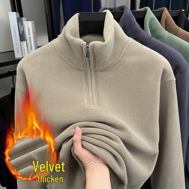 Men's Half-Zip Thick Fleece Hoodie, Stand-Up Collar, Solid Color, Versatile High-End Winter Sweater