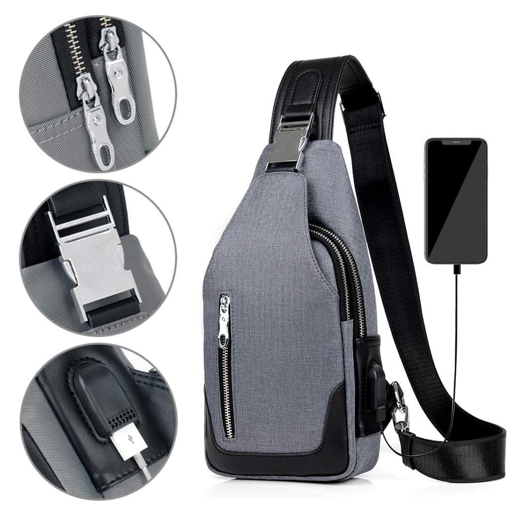 FANDARE Crossbody Bag with USB Reversible iPad Multiple Popular Chest Bag for Outdoors and Casual Dark Gray Men's One-Shoulder Port, Left/Right Strap,