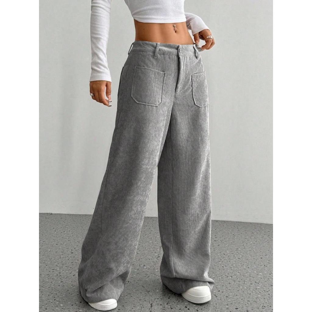Corduroy-Textured Women's High-Waisted Wide-Leg Pants | Relaxed Fit, Side Pockets & All-Season Comfort, Machine Washable Beige Trousers