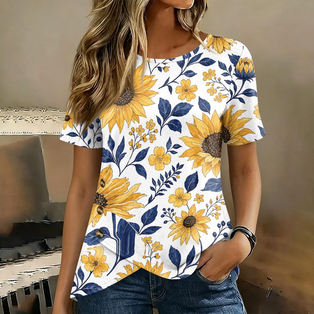 Women's Round Neck Short Sleeve Floral Print T Shirt Top with Button Detail Casual Lightweight Summer Blouse