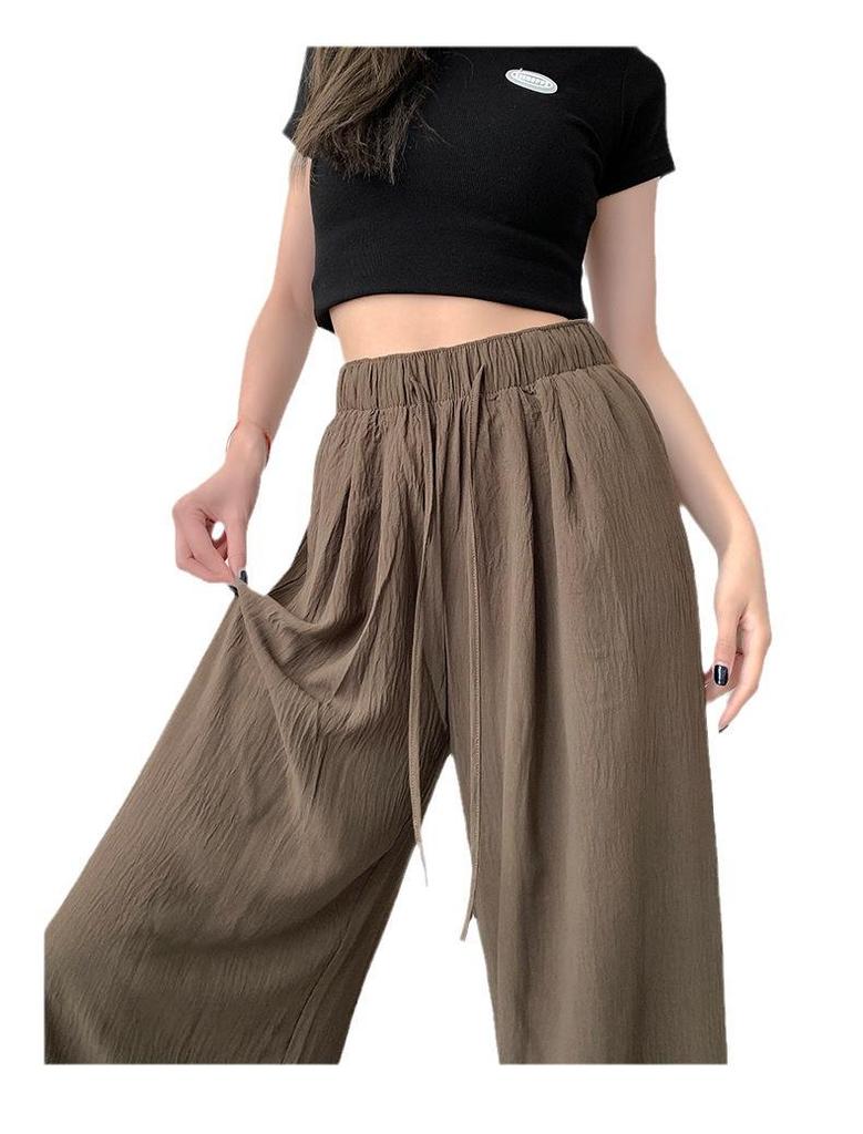 Women's Summer High-Waist Straight Brown Pleated Cotton-Linen Sunscreen Pants