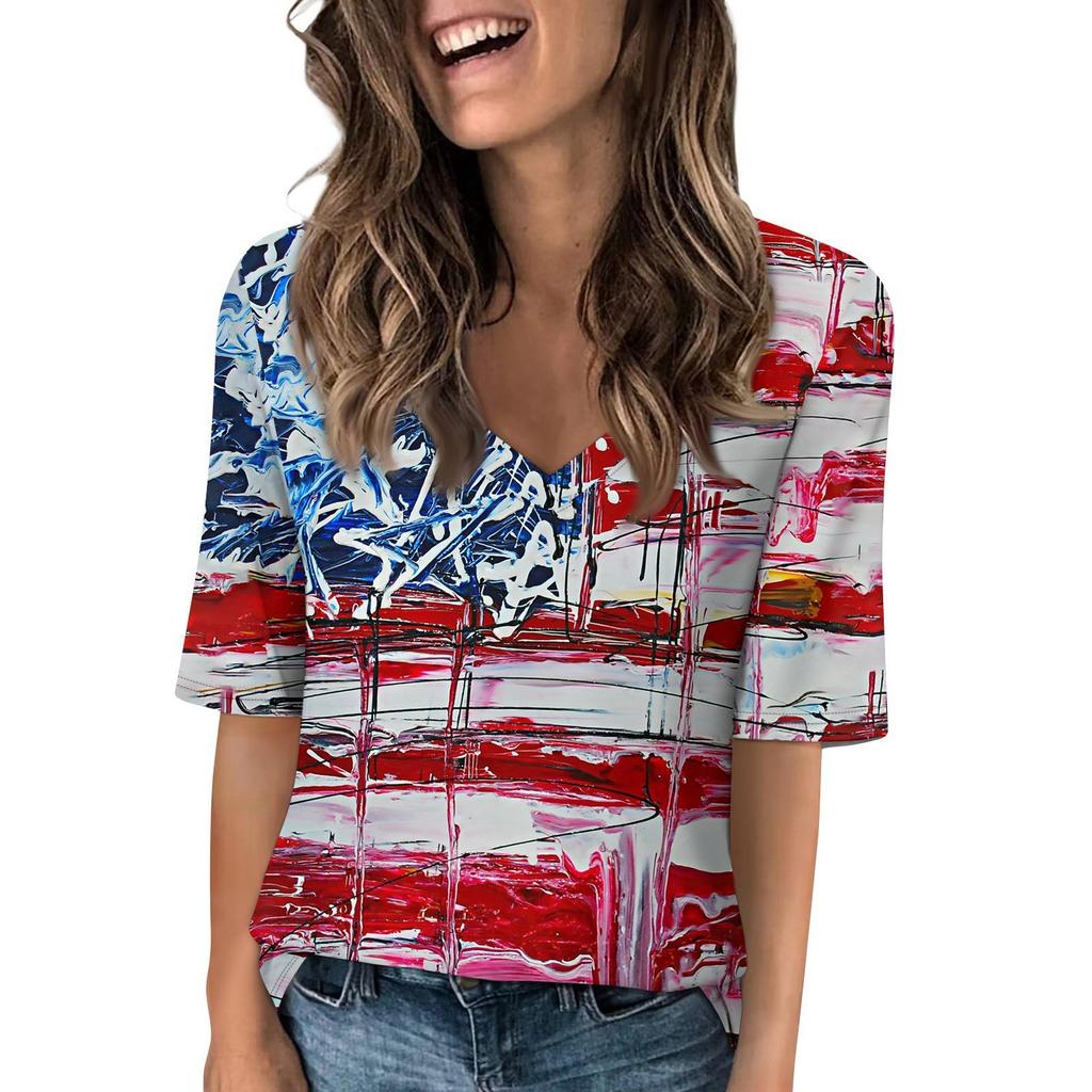 Women's V Neck T Shirts Half Sleeve Tops Printed Casual Summer Tees T Shirt Blouse