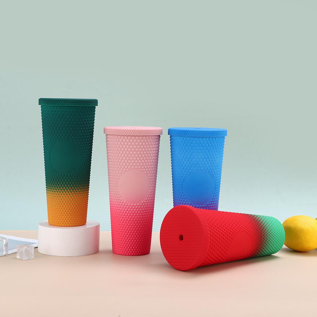 Water bottle gradual change double layer plastic cup portable hand strap water cup large capacity with lid durian cup logo