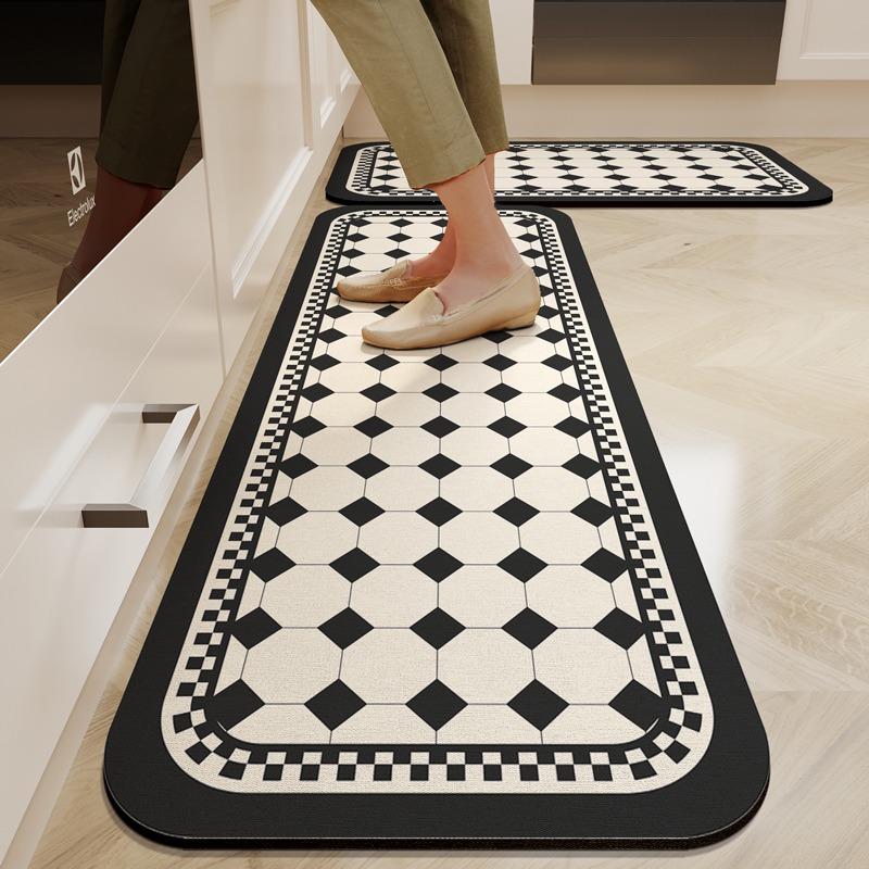 Kitchen Carpet Pvc Waterproof Leather Floor Mat Anti-slip Long Foot Mats Black Plaid Checkerboard Carpets Home Decoration Rug