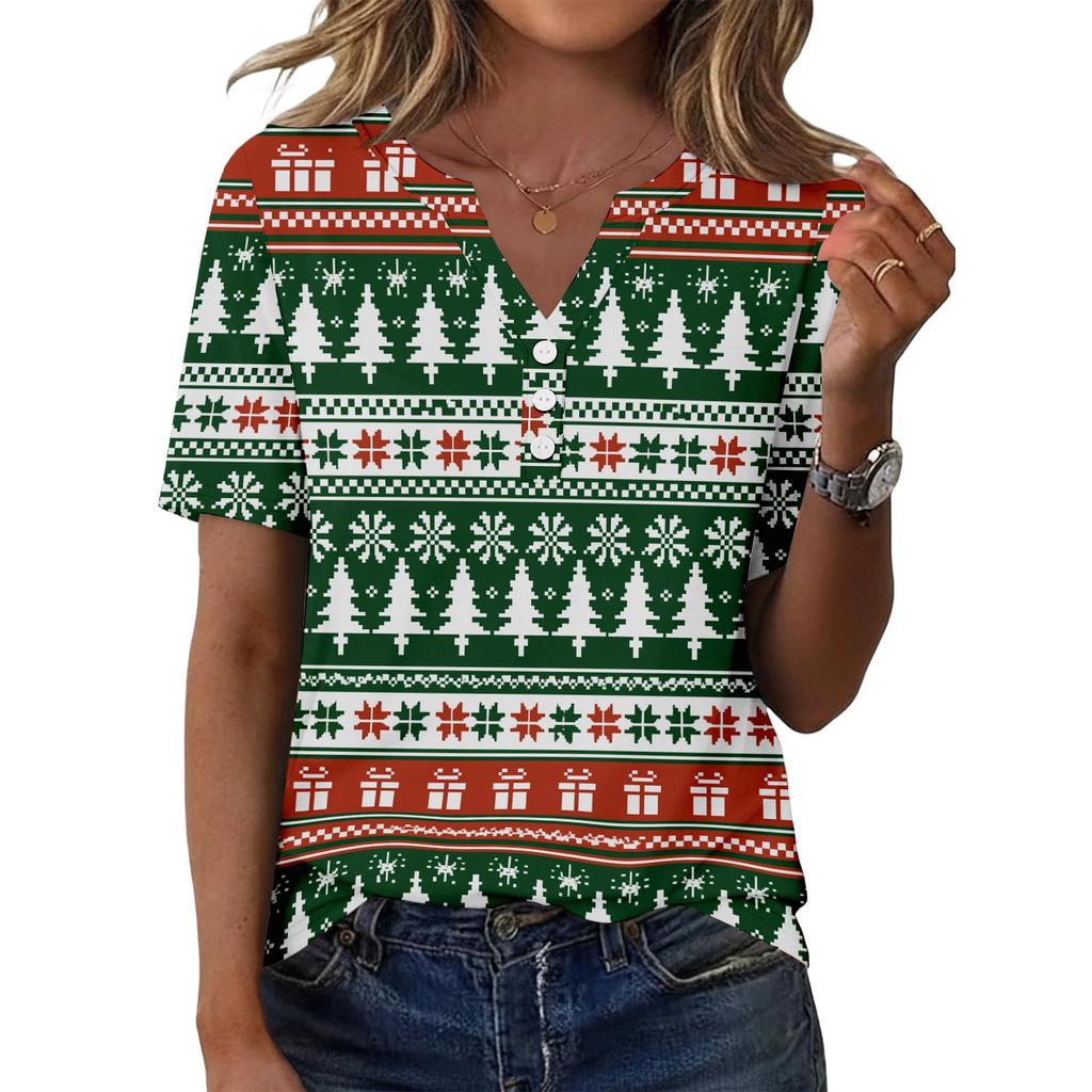 Women's Casual Christmas Print V-Neck Short Sleeve Button T-Shirt Top for Women