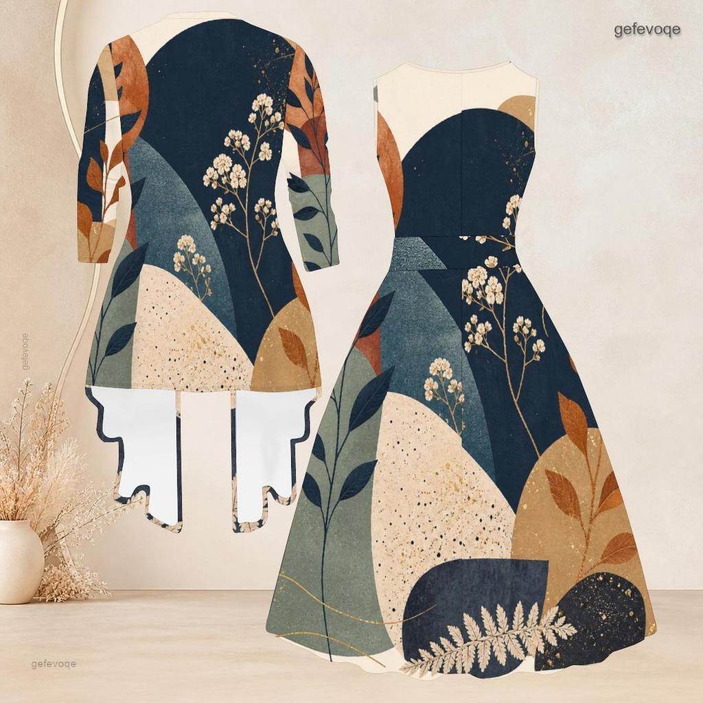 Women Plus Size Two Piece Set Round Neck Sleeveless Tie Waist Flared Dress 3 4 Sleeve Draped Cardigan Blue White Printed