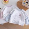 Girls' Spring Striped Patchwork Sleeves KT Cat Print Long-Sleeve Two-Piece T-shirt