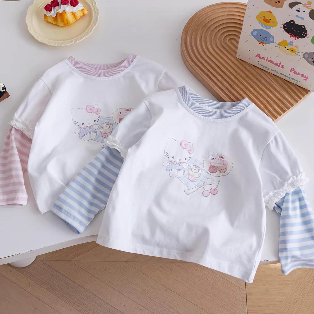 Girls' Spring Striped Patchwork Sleeves KT Cat Print Long-Sleeve Two-Piece T-shirt