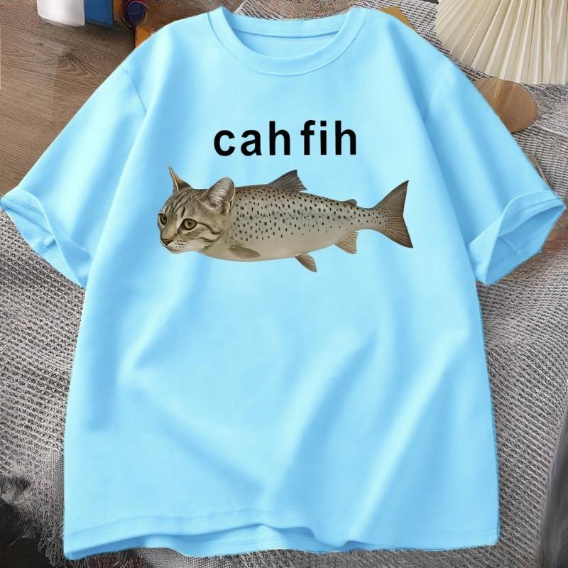 T-shirt Cah Fih T-shirt Fih Poisson Mal Orthographié Mème Poisson Chat et Poisson Graphique Humoristique T-shirt Décontracté Coton Manches Courtes Vêtements Hauts