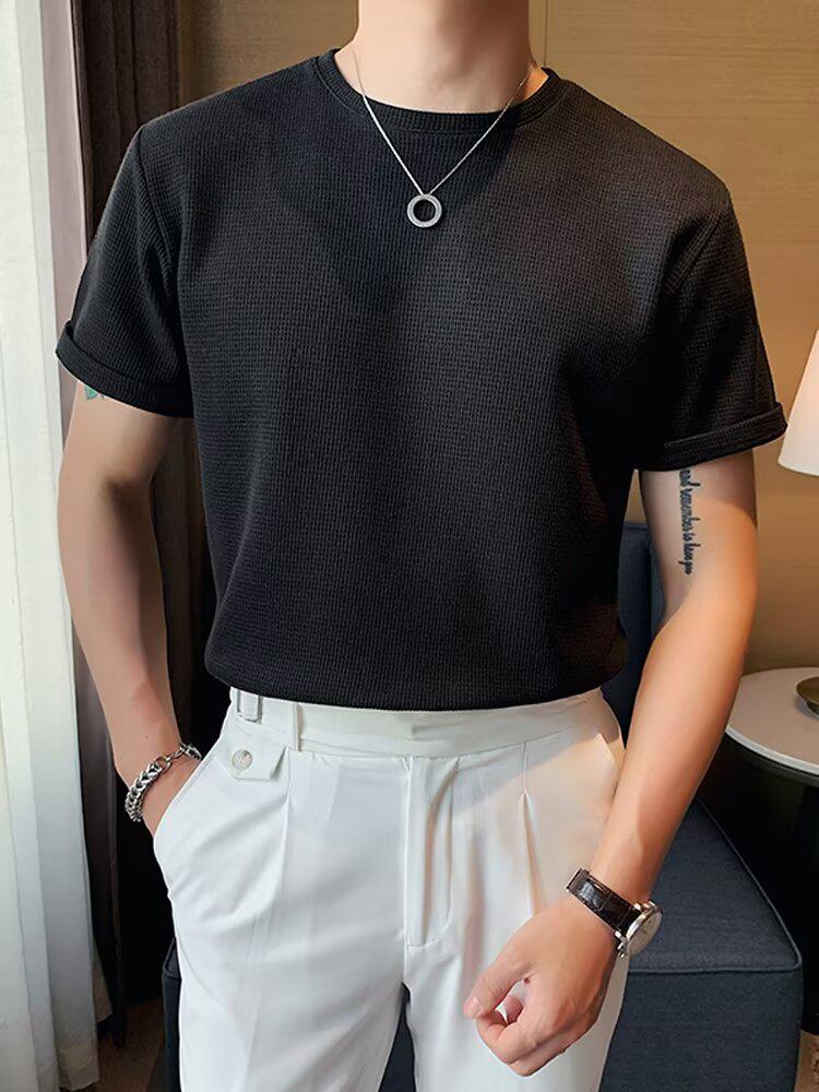 

Мужская футболка с вафельным переплетением в корейском стиле, с круглым вырезом и короткими рукавами - Свободная летняя майка M чёрный