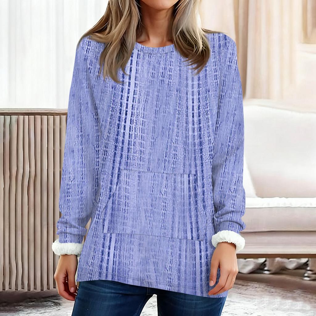 Women's Fashionable Printed Round Neck Long Sleeved Plush Warm Pullover Top