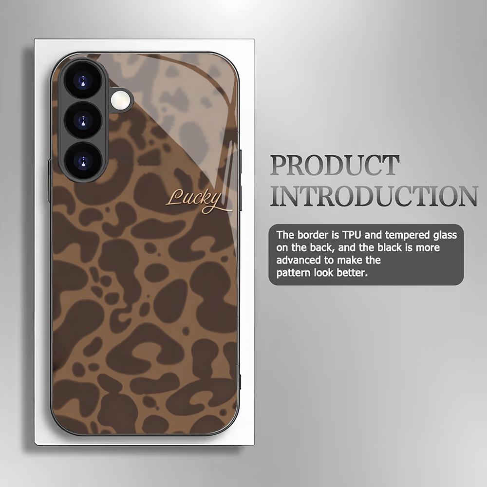 Lucky Leopard Print Black Glass Phone Case Suitable for Samsung Galaxy S26 S25 S24 S23 S22 S21 S20 FE/Ultra/Plus Anti Drop