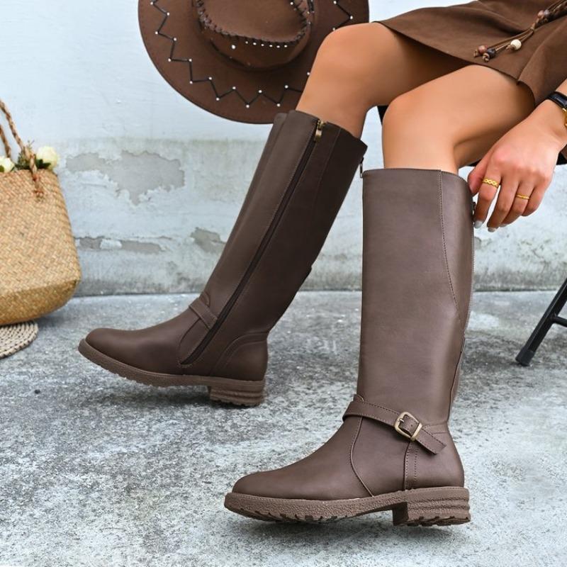Large Size Round Head Square Heel Side Zipper Fashion Boots Autumn and Winter Long Tube But Knee Wear Women's Boots Emu
