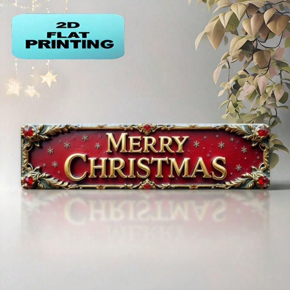 2D Flat Vintage Merry Christmas Metal Wall Sign 4x16 Inch, Golden Lettering Red Green Holiday Decor with Holly Berry Wreath Border, Rustic Easy-Hang