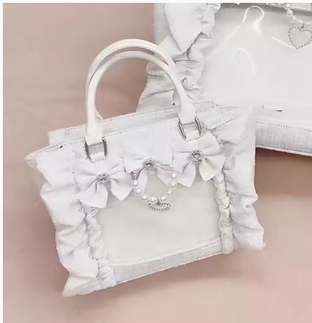 Japanese Lolita Style Ruffled Lace Handbag With Pearl Rhinestone Bow Square Tote Shoulder Bag For Women