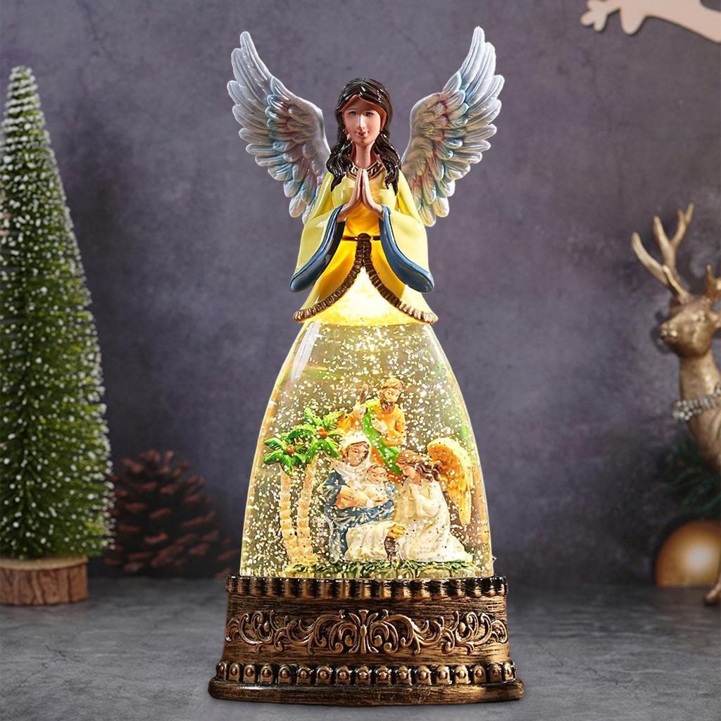 Angel Shaped Christmas Snow Globe with Light and Music Box Plastic Desktop Ornament for Table Shelf Holiday Gift