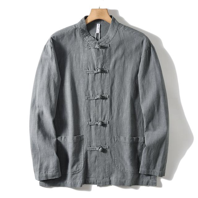 

Мужская повседневная однотонная рубашка в китайском стиле высокого класса из камвольного материала рами с воротником-стойкой и пуговицами, рубашка с длинным рукавом S серый