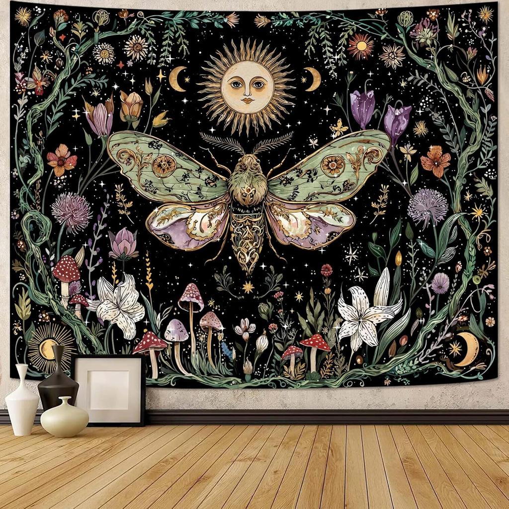 Mystische Himmelsmotte Wandteppich, Boho Sonne Mond Pilz Blumendruck Großer Wandbehang für Schlafzimmer Wohnzimmer Ästhetische Dekoration