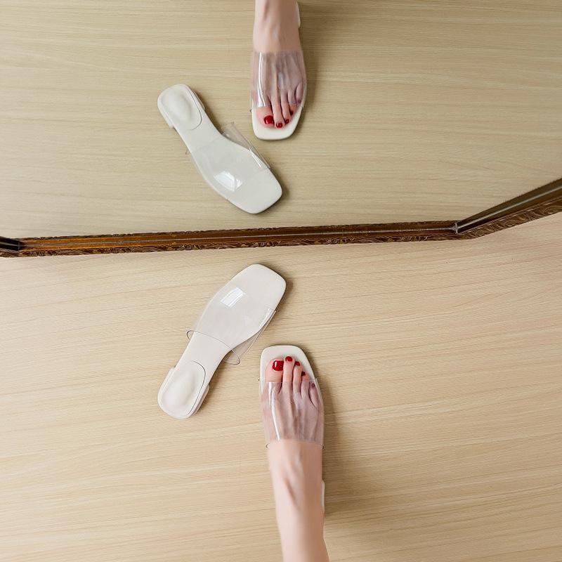 Fashion designer transparent slippers women low heel sandalias mujer clear band flip flops ladies outdoor slides shoes big size 43