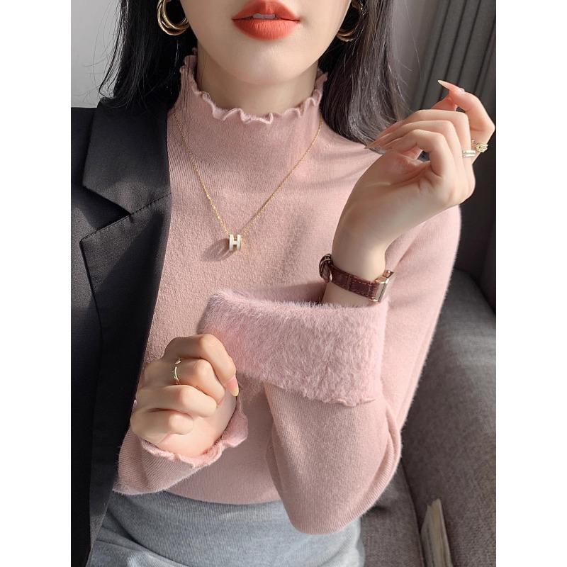 Semi-turtleneck thickened integrated fleece warm sweater women's winter design sense fungus edge inner top knitted bottoming shirt