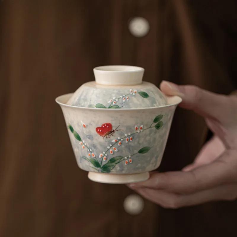 150ml Hand Drawn Orchid Butterfly Gaiwan Aesthetic Tea Tureen Tea Bowl With Lid Kit Maker Cover Bowl  Ceremony Collection