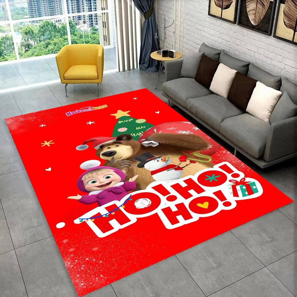 3D M-Masha Cartoon B-Bear Christmas Area Rug,Carpet Rug for Living Room Bedroom Sofa Doormat Decoration, Kids Non-slip Floor Mat