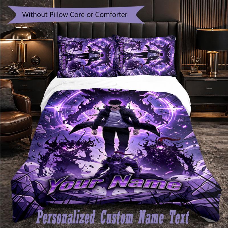 Personalized 3Pcs Bedding SetSolo Leveling Custom Text Duvet Cover Pillowcase Set Bedroom Gift