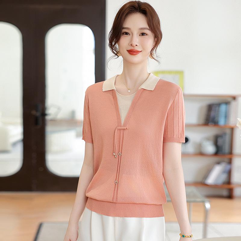 

Mom s Summer Chinese-Style Short-Sleeve Lapel Blouse for Middle-Aged Women, Ice Silk T-Shirt, Elegant Top 3XL (recommended 120-135 lbs) оранжевый/розовый