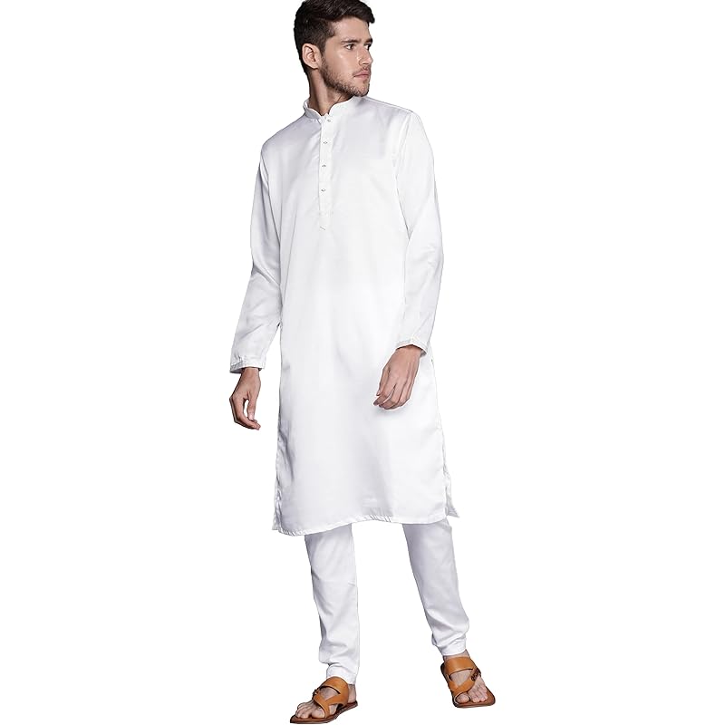 Manyavar Kurta Set for Men, Full Sleeves Mandarin Collar Ethnic Kurta Set for Engagement, Wedding, Party Solid (Full Whi