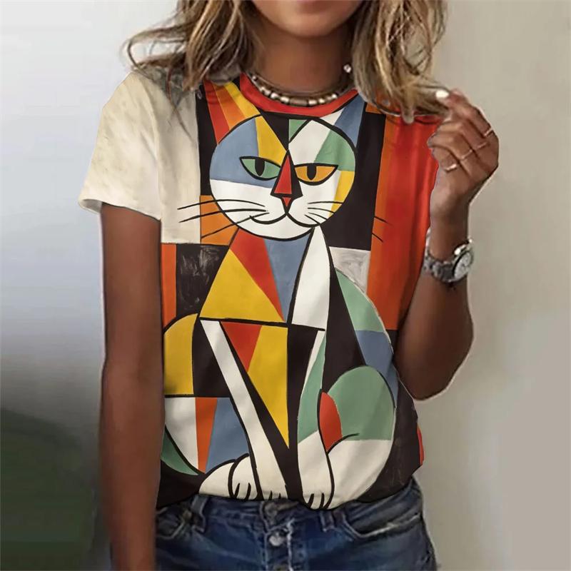 Summer Graffiti Cat 3d Print Men's T-shirt Oversized Short-sleeved O Neck Casual Funny Tops Vintage Female Tee Shirts