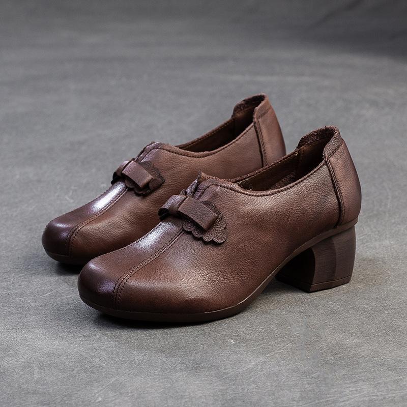 Johnature Retro Dame Hæler Sko Casual Ekte Skinn Pendler Allsidige Dame Slip-on Sko