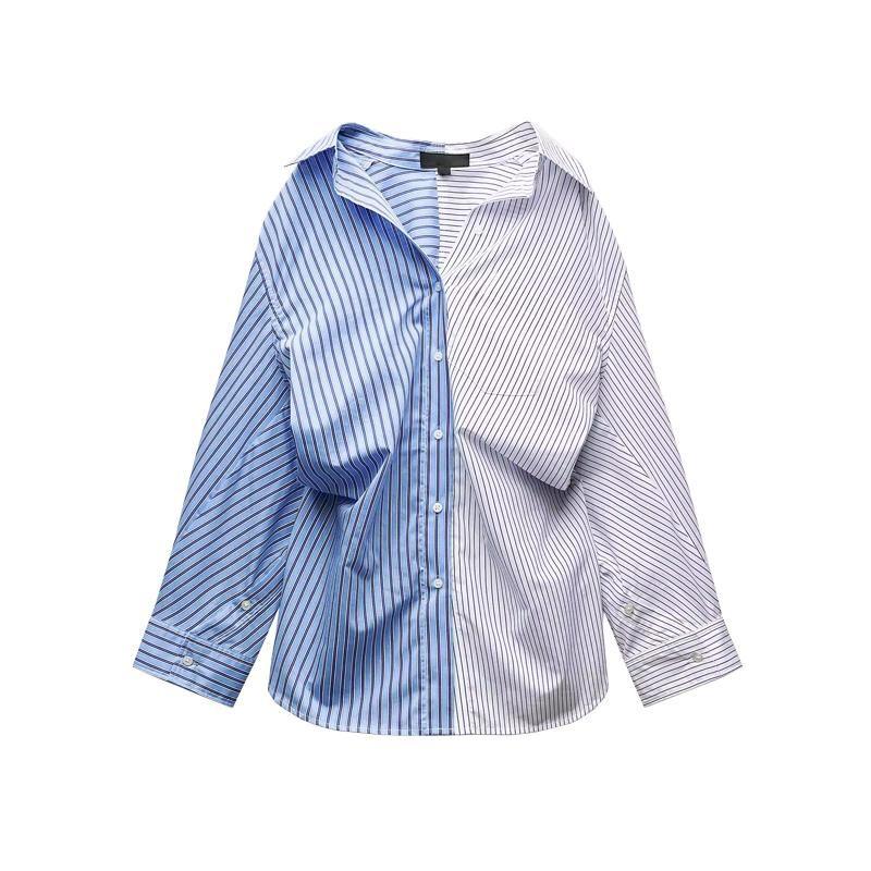 Spring New Women clothes Western Style All-Match Patchwork Stripe Poplin Loose Lapel Shirts 4764020
