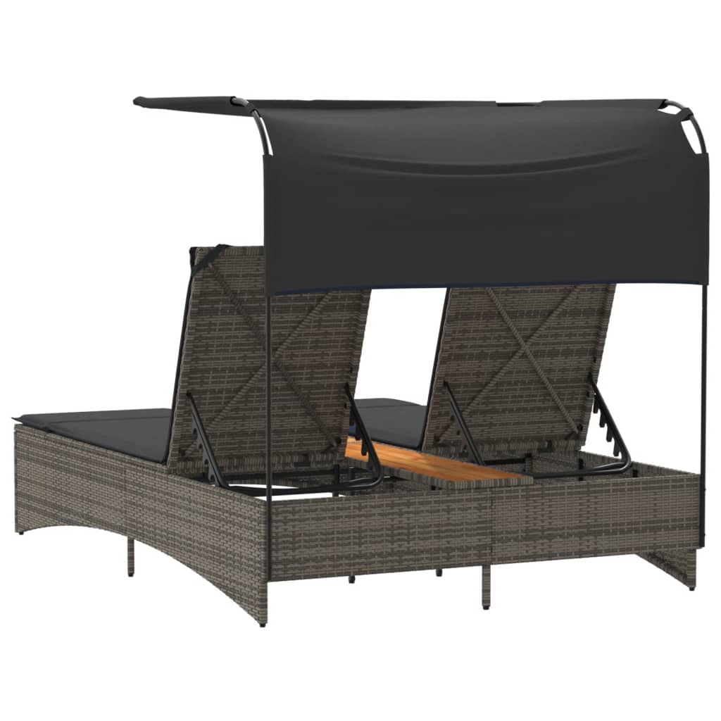 Vidaxl Double Sun Lounger with Canopy and Cushions, Grey, Rattan