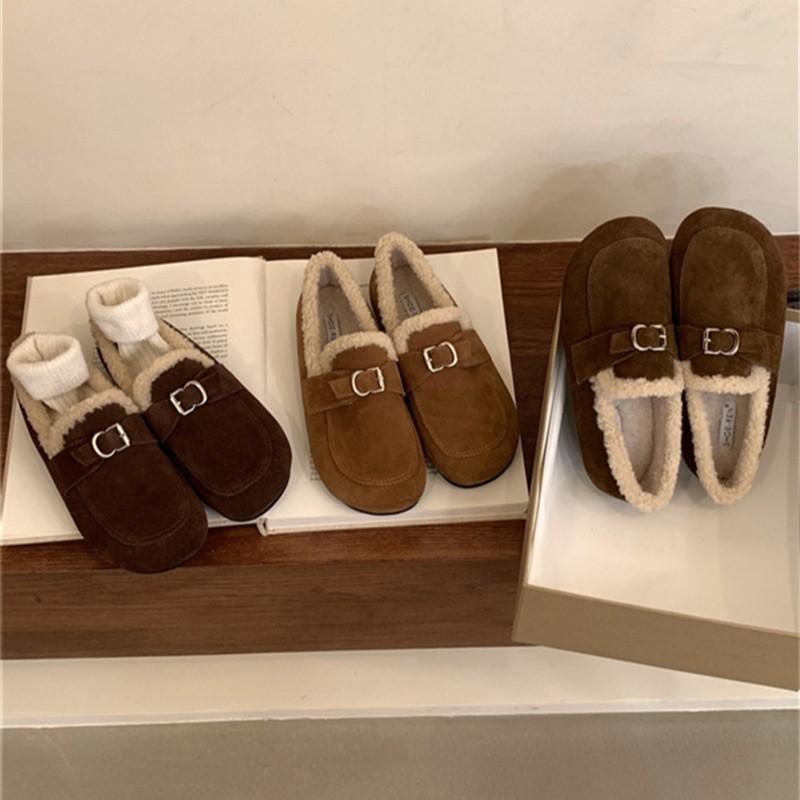 2025 Autumn and Winter New Matte Leather Round Head One Pedal Doudou Shoes Warm Fluffy Shoes Single Shoes Casual Shoes Women