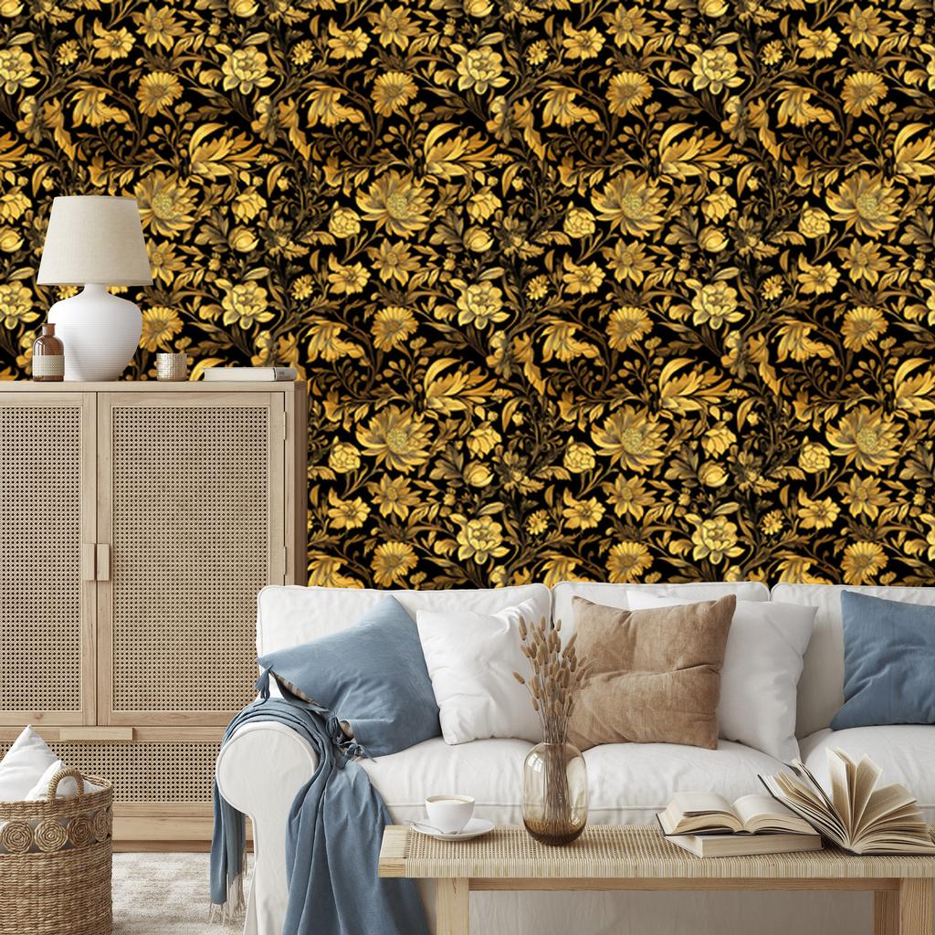 Golden Hibiscus Wallpaper Ochre, Gold and Black for Living Room and Bedroom 50x1000