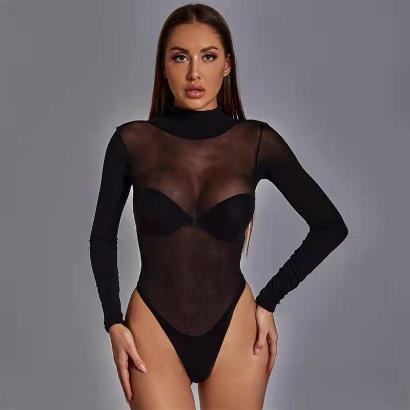 Open Crotch One-pieces Sheer Black Mesh Plus Size Long Sleeve Sexy Bodysuits Tops Lingerie Sexy Night Club Wear for Woman S-XXXL