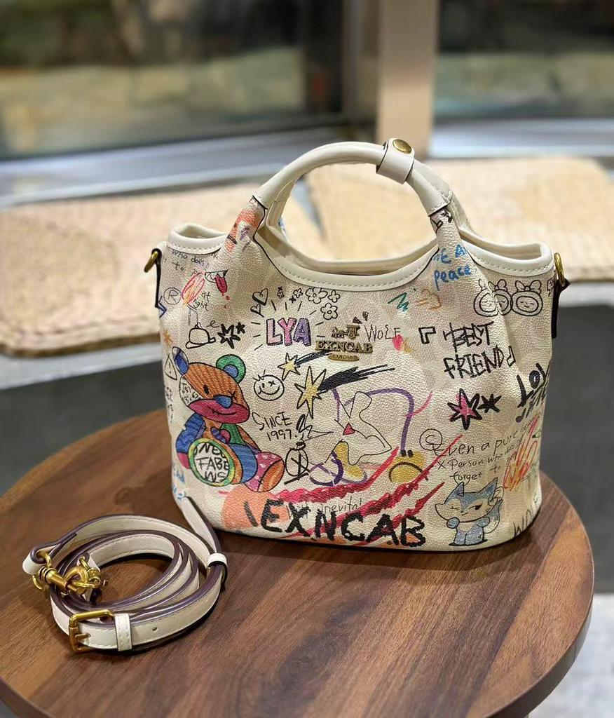 Graffiti Color Block Bucket Bag - Women's 2025 Trend, Large Capacity, Crossbody/Shoulder Style