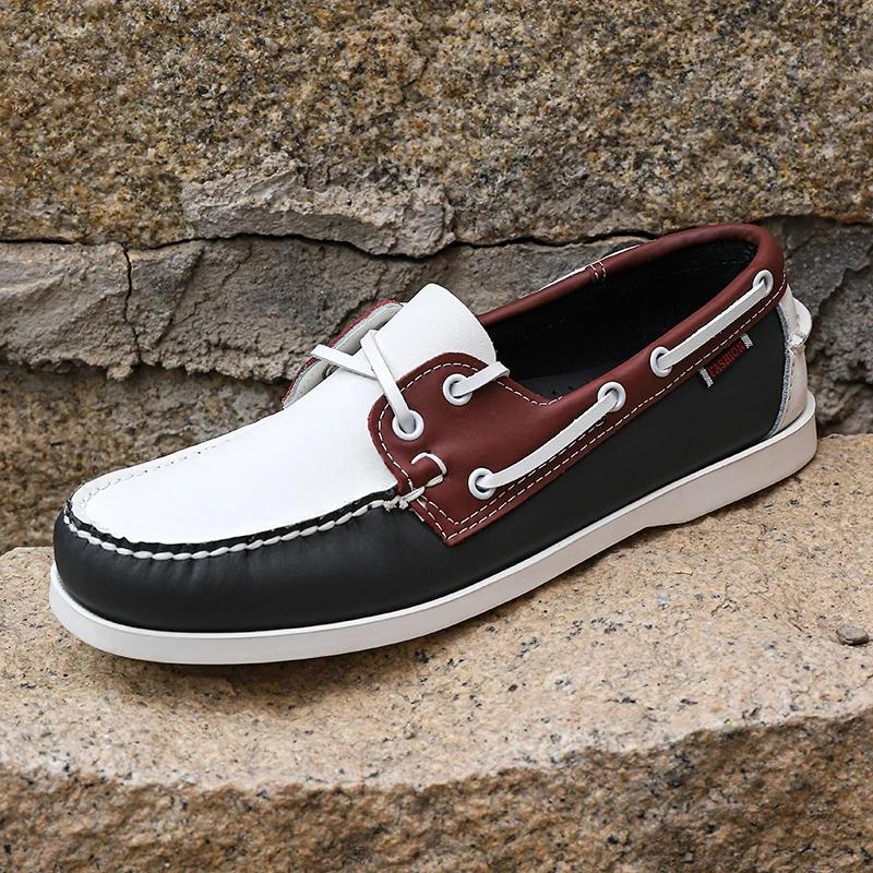 Fashion Color Matching Non-slip Men Driving Shoes New Leather Breathable Men Peas Shoes British Casual Sneakers Handmade Man Boat Shoes