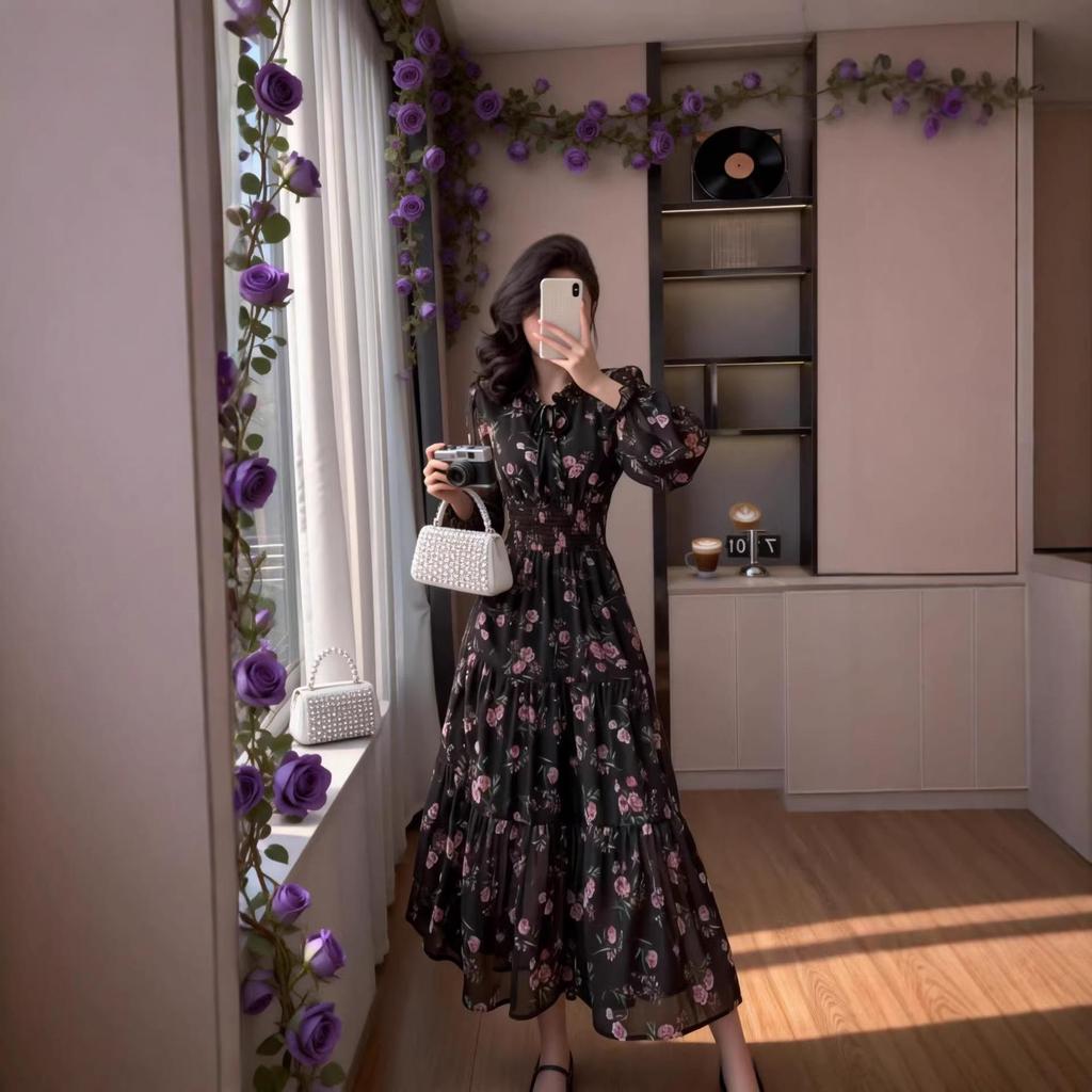 High-Quality Hong Kong Style Floral Ruffled Long Dress - Korean Chic Resort & Sweet Waist-Cinched Skirt