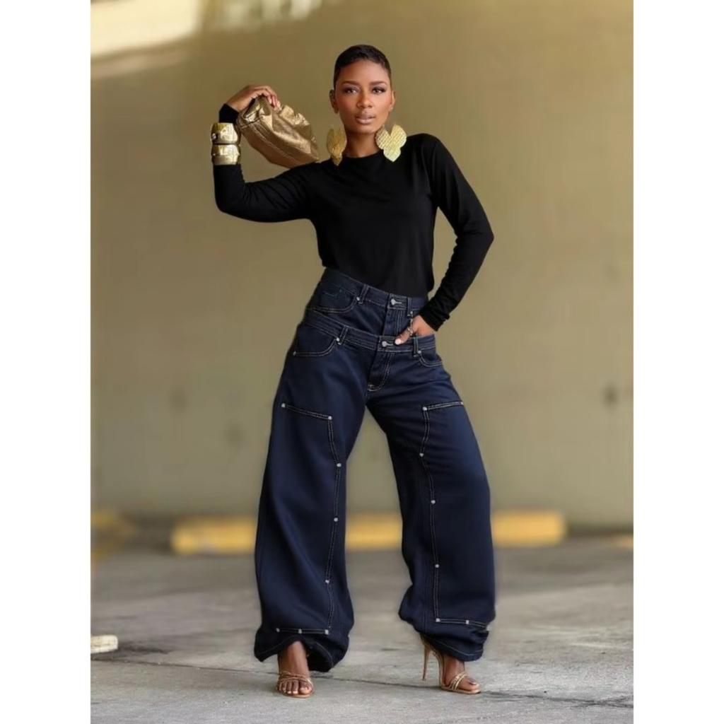 VIONA European And American Style Loose Double Waisted Collision Nail Splicing High Waisted Jeans For Women Spring New