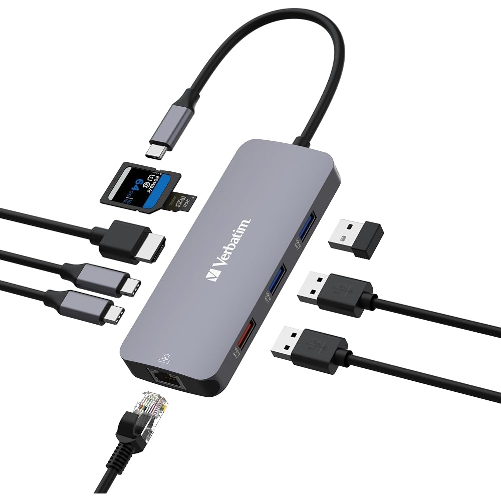 Verbatim 32152 USB-C Pro Multiport Hub CMH09 9-Port HDMI RJ45 USB-C Gen2 USB-A Gen 1 & 2 SD MicroSD