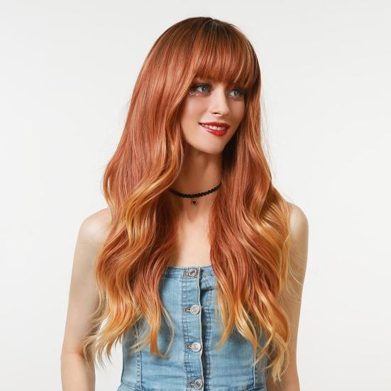 Women Wigs Neat Hair Bangs Breathable Lightweight Halloween Cosplay Long Wave Wigs for Female