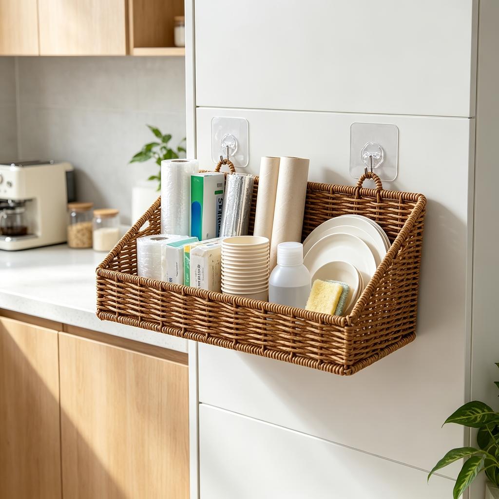 Wall Mounted Woven Storage Basket Punch Free Bathroom Organizer Imitaion Rattan Floating Shelf Toiletries Cosmetics Storage Rack with Adhesive Hooks