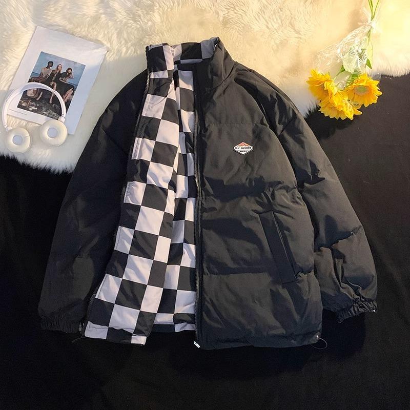 

Хлопковая куртка-пальто с пухом с обеих сторон, мужская зимняя стеганая клетчатая парная, одежда, хлопковое пальто и пальто. M чёрный