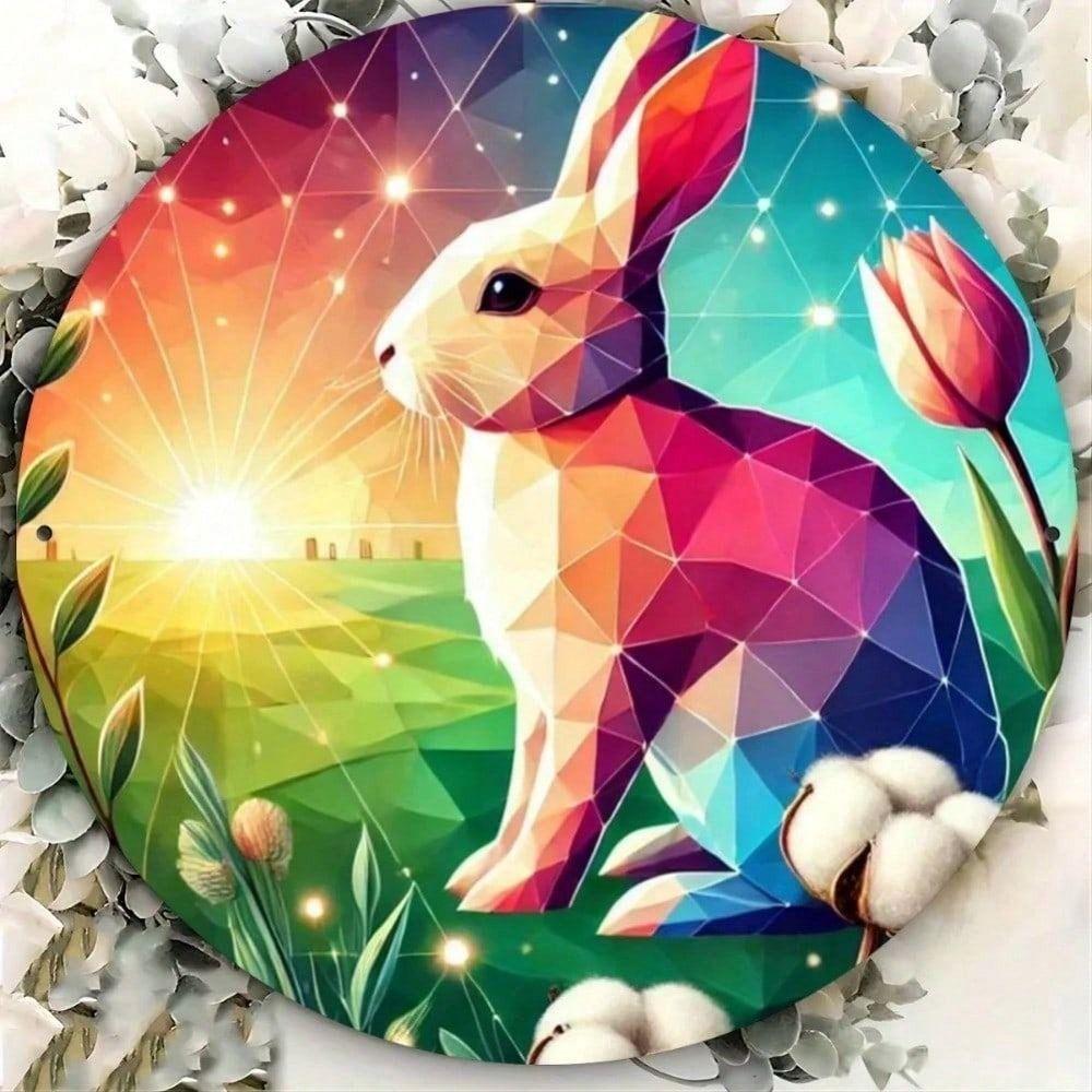 

Metal Wall Art Easter Bunny Rabbit 8x8 Inch Round Floral Decor for Garden