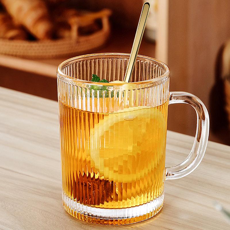 Thick Vertical Stripe Glass Cups with Handles - Set for Coffee, Juice, Water, and Milk