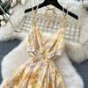 Coffee break French retro floral chiffon dress women's spring dress sexy hollow neck sling holiday dress