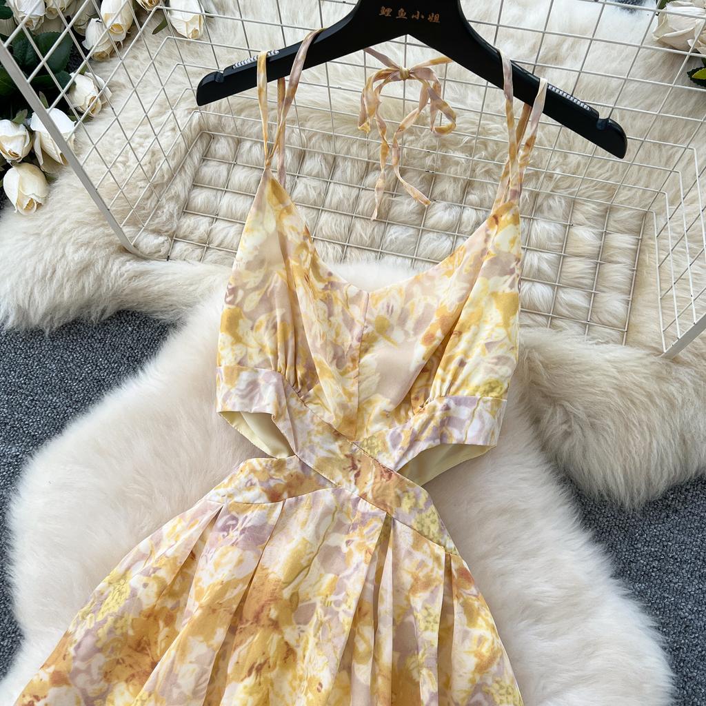 Coffee break French retro floral chiffon dress women's spring dress sexy hollow neck sling holiday dress